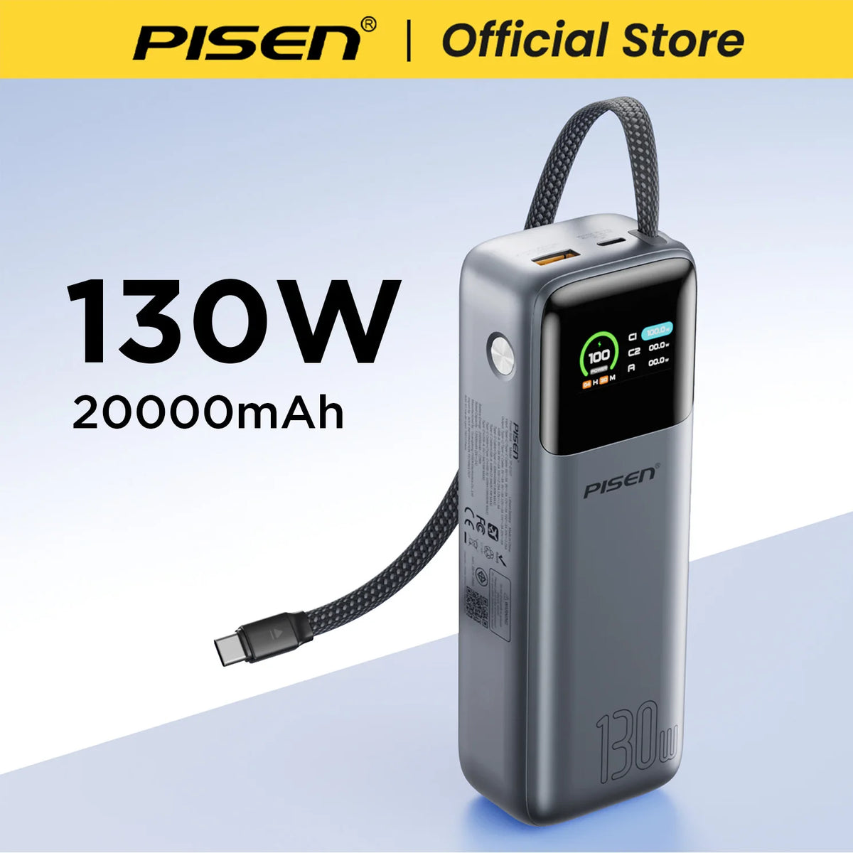 PISEN 130W Power Bank With Fast Charging USB-C Cable 20000mAh PD3.0 Powerbank for Laptop Notebook iPhone External Battery