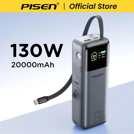PISEN 130W Power Bank With Fast Charging USB-C Cable 20000mAh PD3.0 Powerbank for Laptop Notebook iPhone External Battery