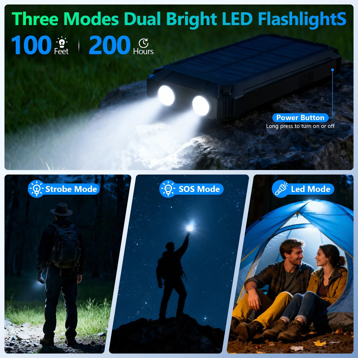 20000mAh Portable Solar Power Bank Dual LED Lights 4 Built-in Cables Fast Charging for iPhone Android Phones AirPods