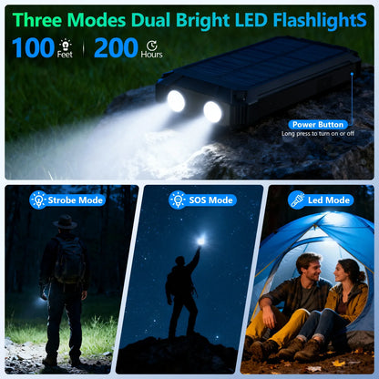 20000mAh Portable Solar Power Bank Dual LED Lights 4 Built-in Cables Fast Charging for iPhone Android Phones AirPods