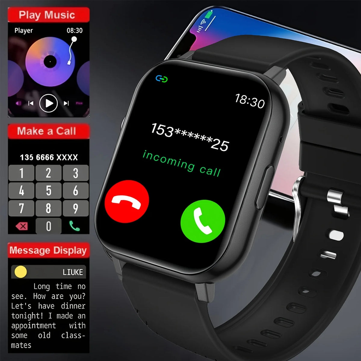 Sports Smart Watch, 1.83inch Full Touch Screen Display with Message, Answer Make Call Smartwatch, Sleep Monitoring, Sports Pedometer, Information Alerts, for iPhone Android Phones, Smartbands Fitness Watch for Women Men Frien