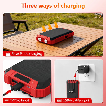 20000mAh Portable Solar Power Bank Dual LED Lights 4 Built-in Cables Fast Charging for iPhone Android Phones AirPods