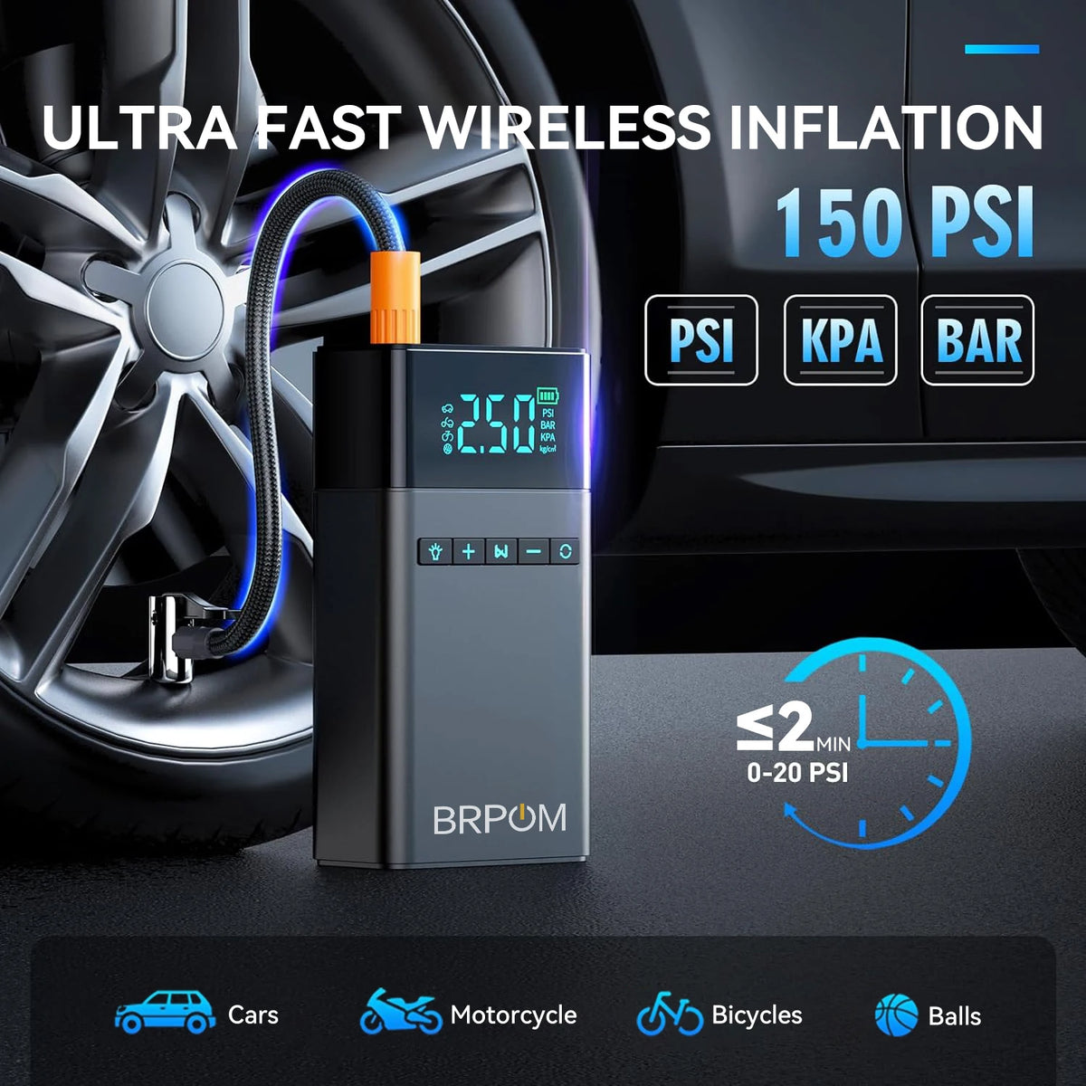 8500A/9000A Peak Current, 150 PSI Multi-Functional Portable Car Battery Starter, Compressor, and Air Injector/Portable Compressor with LED Display (ALL GAS, 8.0L Diesel)
