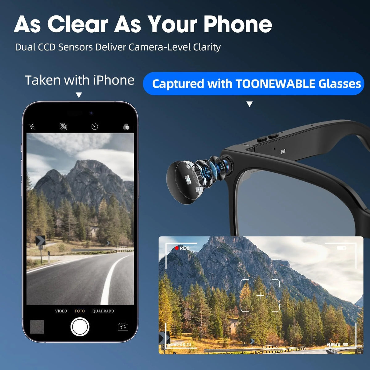 Smart camera glasses, 8-megapixel HD video recording glasses (with audio), Bluetooth-enabled photo-sensitive color-changing lenses, real-time translation, voice assistant, object recognition, and hands-free music and calls.