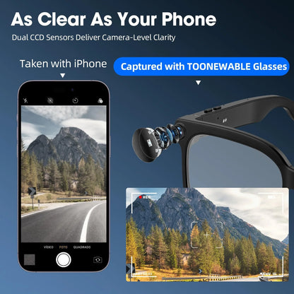 Smart camera glasses, 8-megapixel HD video recording glasses (with audio), Bluetooth-enabled photo-sensitive color-changing lenses, real-time translation, voice assistant, object recognition, and hands-free music and calls.