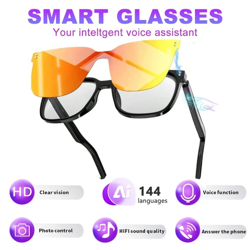 AI smart glasses with built-in translation for over 100 languages; transparent, blue-light-blocking, wireless ; magnetic clip-on ; translation controlled via an app; built-in speakers; 360 °   stereo sound
