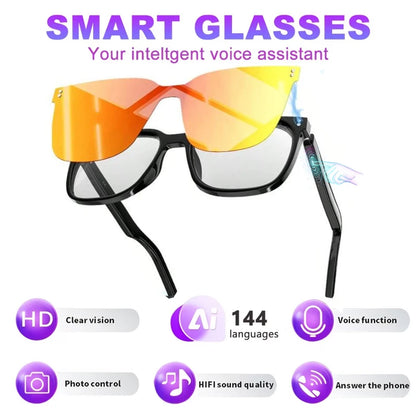 AI smart glasses with built-in translation for over 100 languages; transparent, blue-light-blocking, wireless ; magnetic clip-on ; translation controlled via an app; built-in speakers; 360 °   stereo sound