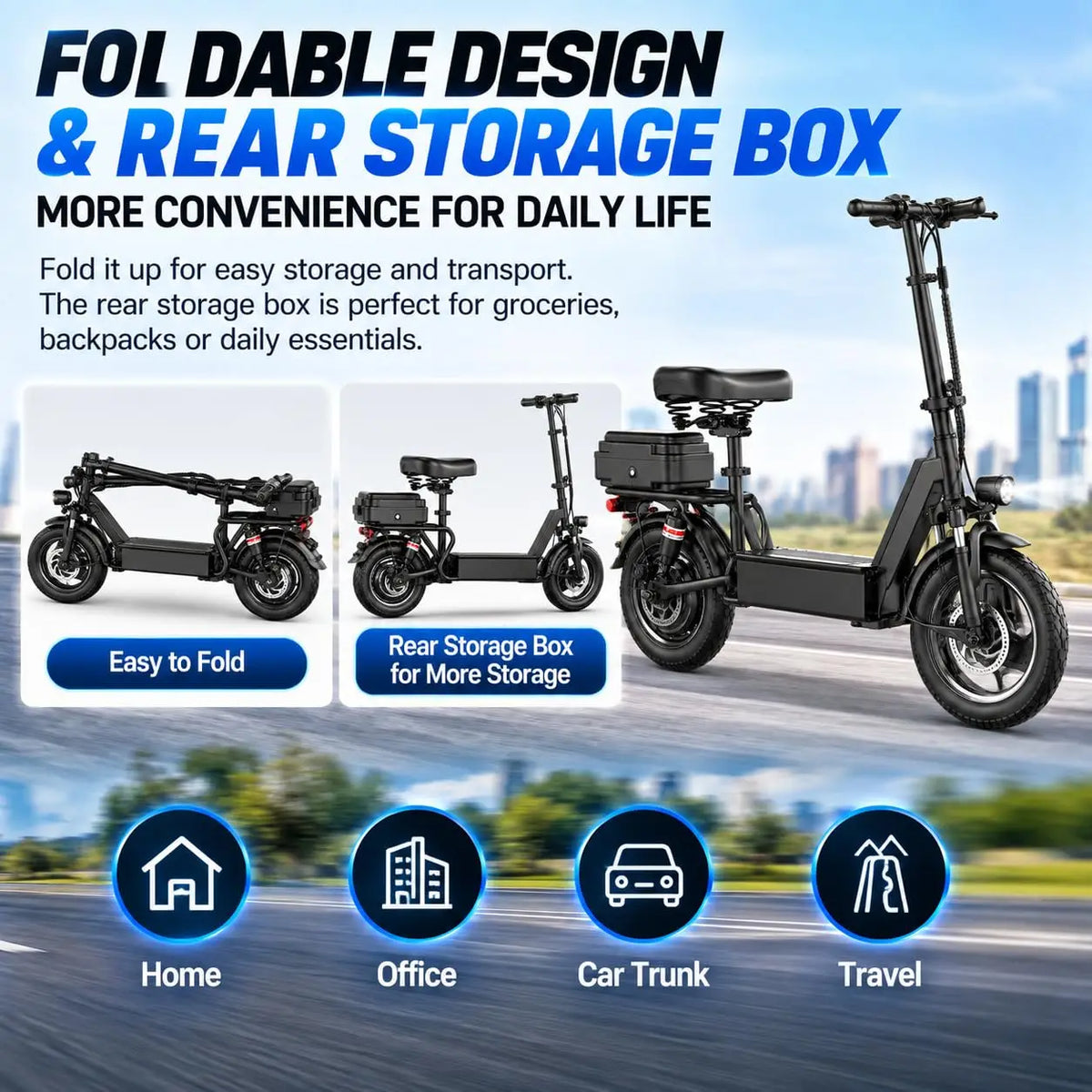 Misodo Electric Scooter with Seat, 1200W Peak Motor, Max 25 MPH Speed, 35 Miles Long Range, 14" Foldable Commuting E-Scooter, Dual Suspension, Rear Storage Box, UL2272 Certified