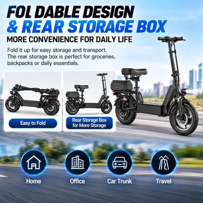 Misodo Electric Scooter with Seat, 1200W Peak Motor, Max 25 MPH Speed, 35 Miles Long Range, 14" Foldable Commuting E-Scooter, Dual Suspension, Rear Storage Box, UL2272 Certified