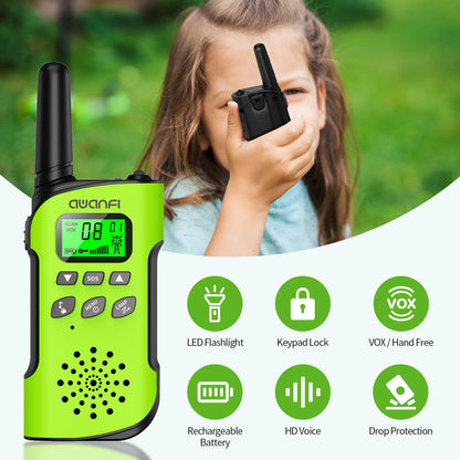 AWANFI Walkie Talkies 4 Packs Rechargeable  for kids, Long Range Flashlight 8 Channel, USB Type C for Camping, Hiking, Gifts