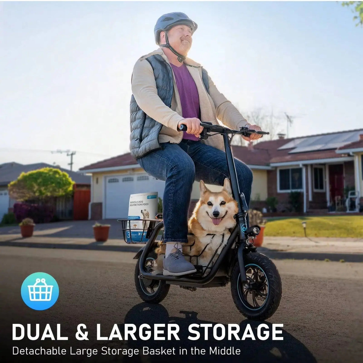 GYROSHOES Electric Scooter for Adults with Pet Basket, UL2272 Certified 550W Motor 19MPH 15Mi Range, BYD Battery Powered Commuter Scooter with Padded Seat, Dual Disc Brakes, LED Lights, 265LBS Capacity for Small Dogs & Daily