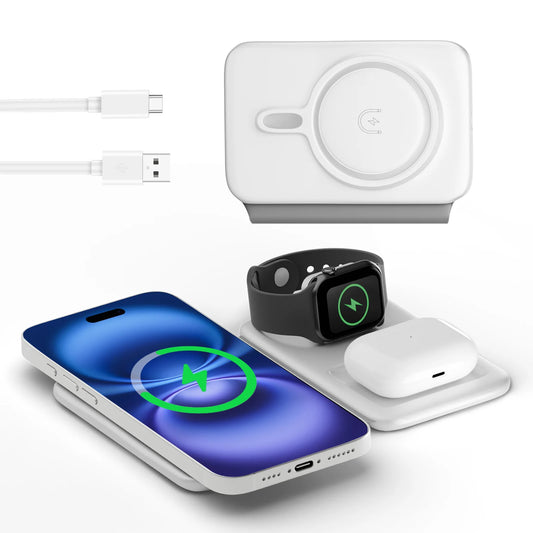 Foldable 3-in-1 15W Wireless Charger Station Magnetic Phone Charge Dock Fast Charging for Apple Watch iPhone 17 16 pro - Travel