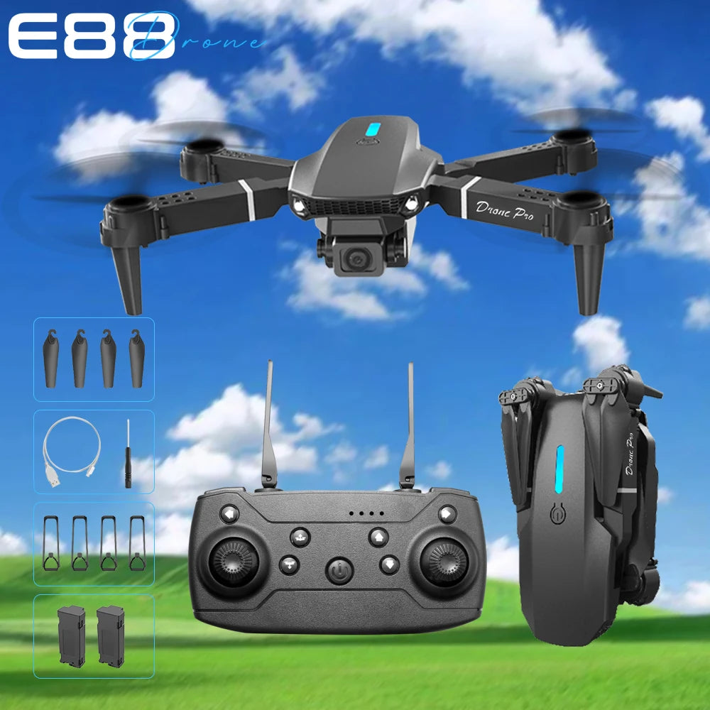FACEGLE upgraded E88 dual camera drone, dual cameras, fixed altitude hover, smoother flight, one click stunt roll, headless mode, LED lights, protective frame, one click control, suitable for beginners, foldable quadcopter, b