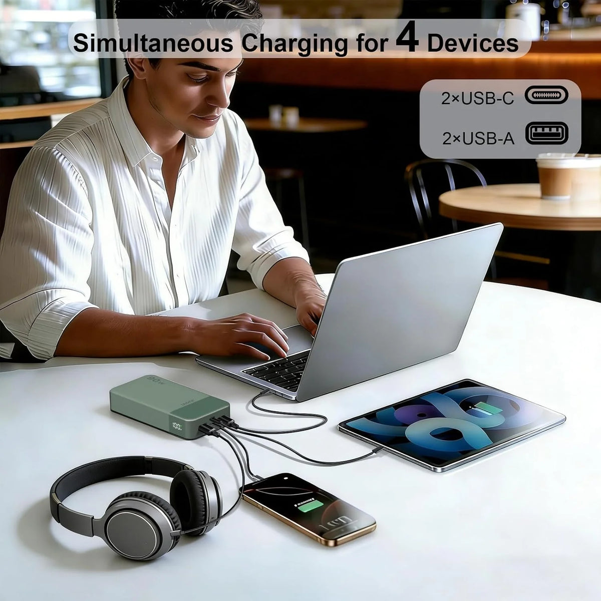JUOVI 90W Portable Power Bank, 20000mAh Quick Charge Power Bank, Charger with 2 USB-C Ports and 2 USB-A, Battery Bank for MacBook, iPhone 17/16/15 Series, Galaxy