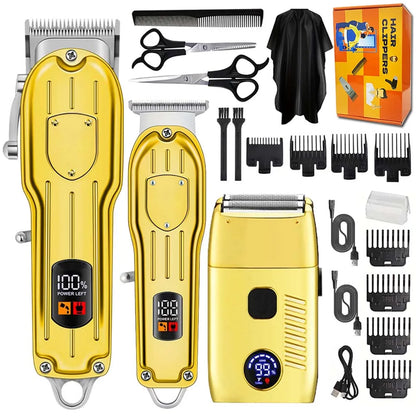 Professional Electric Hair Clipper Set with LED Display, USB Rechargeable Beard Trimmer & Foil Shaver for Men – Includes Guards, Scissors, Comb & Cape