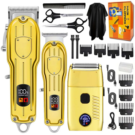 Professional Electric Hair Clipper Set with LED Display, USB Rechargeable Beard Trimmer & Foil Shaver for Men – Includes Guards, Scissors, Comb & Cape