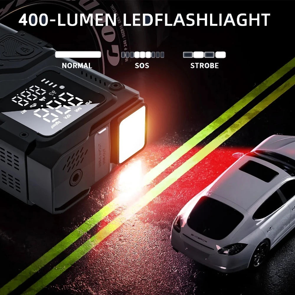 6 in 1 Jump Starter with Air Pump Peak 5000A Booster 150PSI Tire Inflator 8L Gas/4L Diesel with DC Power Cord 400LM Flashlight