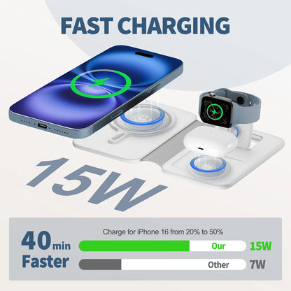 Foldable 3-in-1 15W Wireless Charger Station Magnetic Phone Charge Dock Fast Charging for Apple Watch iPhone 17 16 pro - Travel