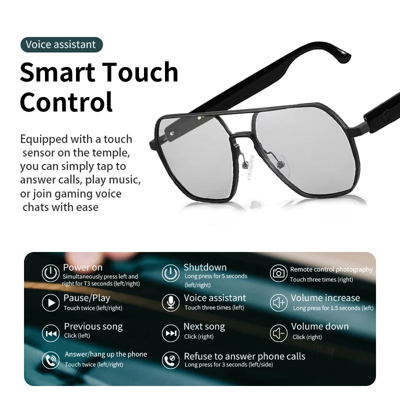 AI-powered smart glasses with metal double-bridge frames, magnetic charging, and color-changing lenses; multifunctional audio glasses with built-in microphone and speaker, suitable for casual travel and everyday office use
