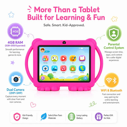 7" Kids Tablet with Parental Control & Shockproof Case, Android 14, 2GB+32GB, 2.4G WiFi, GMS Certified, Eye Protection Display, Dual Camera, Pre-installed Educational Apps & Games for Toddlers