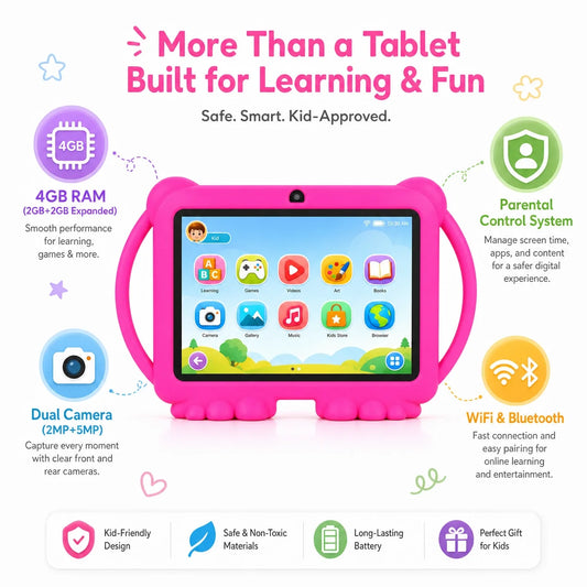 7" Kids Tablet with Parental Control & Shockproof Case, Android 14, 2GB+32GB, 2.4G WiFi, GMS Certified, Eye Protection Display, Dual Camera, Pre-installed Educational Apps & Games for Toddlers
