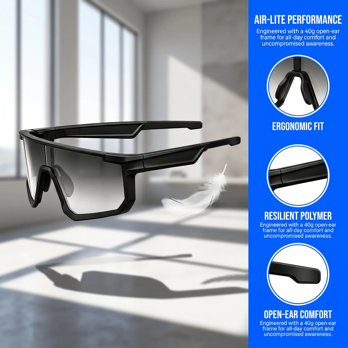 SMART PROTECTIVE GLASSES, AI REAL‑TIME TRANSLATION WORK GLASSES SUPPORT 160 LANGUAGES, PHOTOCHROMIC LENSES WITH BUILT‑IN MICROPHONE AND SPEAKER, MUSIC PLAYBACK FOR OUTDOOR SPORTS AND INDOOR WORK DAILY USE