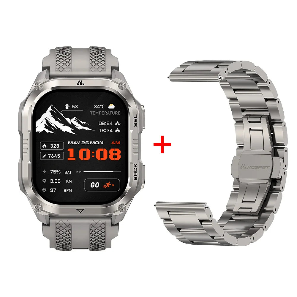 2026 KOSPET PULSE 2 Rugged Military Smartwatch Men Dual Band GPS 6 GNSS AMOLED 1.96" 5ATM IP69 LED Flashlight 170+ Sports