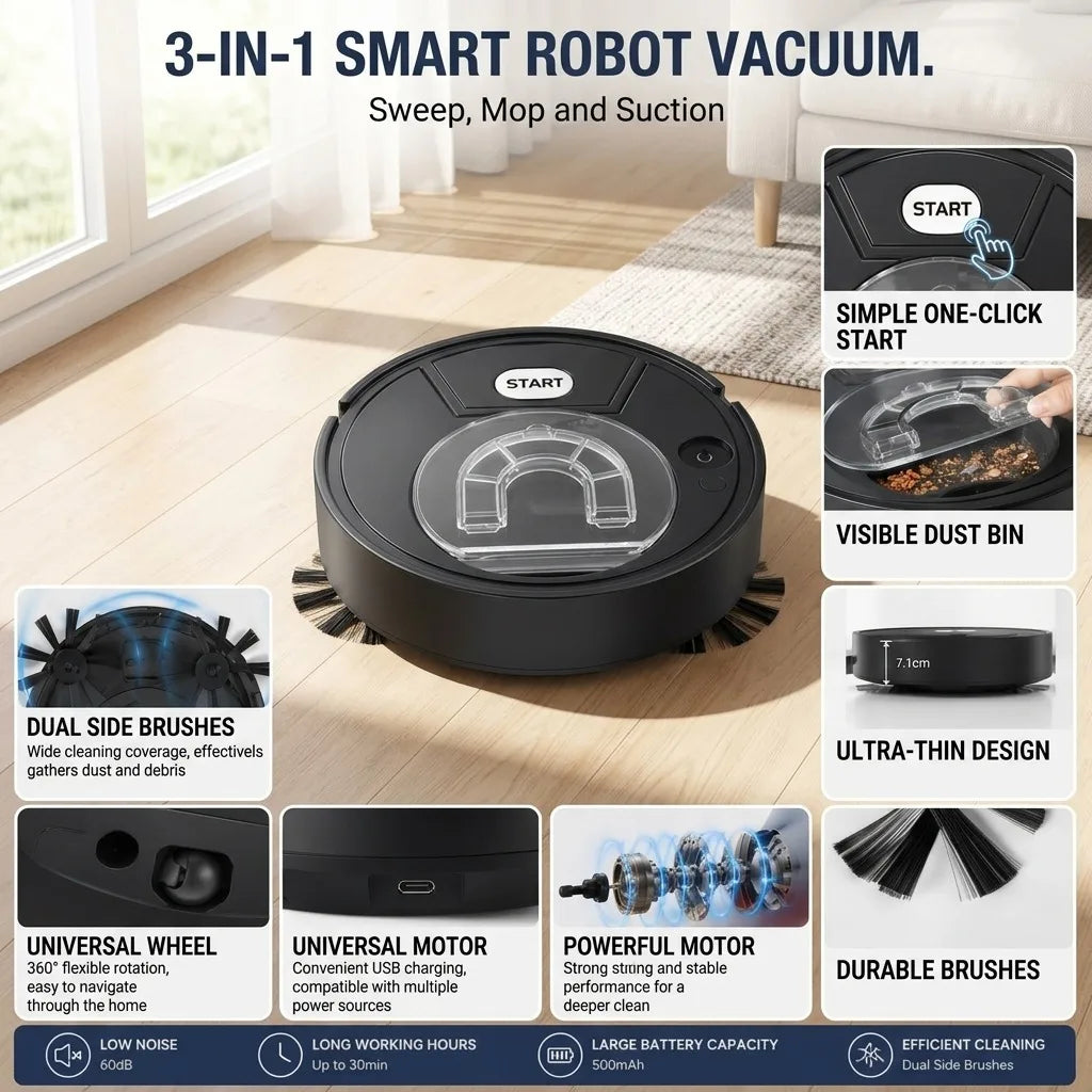 Robot Vacuum Cleaner, 3-in-1 Sweeping Mopping Suction, 7.1cm Ultra-Thin Automatic Smart Floor Cleaner, USB Rechargeable, Low Noise, Dual Side Brushes for Pet Hair, Hardwood Floors and Home Office