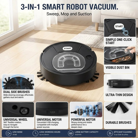 Robot Vacuum Cleaner, 3-in-1 Sweeping Mopping Suction, 7.1cm Ultra-Thin Automatic Smart Floor Cleaner, USB Rechargeable, Low Noise, Dual Side Brushes for Pet Hair, Hardwood Floors and Home Office