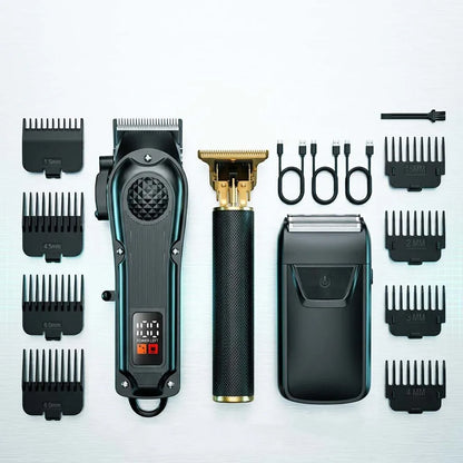 4 in 1 Men's Hair Clipper Set, Cordless Electric Trimmer, Foil Shaver & Nose Trimmer Kit,Beard Cutter, USB Rechargeable Grooming Kit with LED Display, Multiple Guide comb