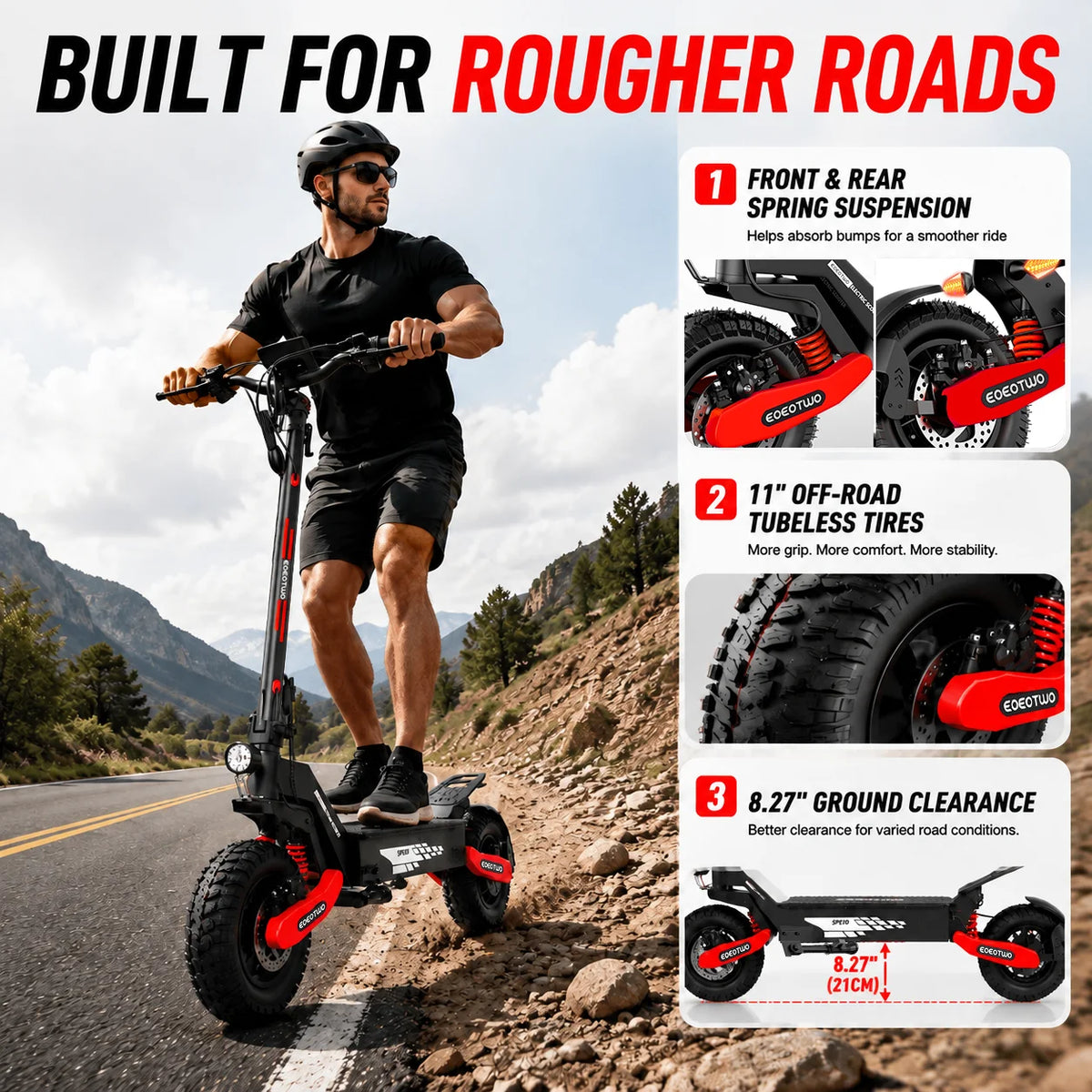 EOEOTWO GT06 Electric Scooter for Adults, 1200W Motor, Up to 30 MPH, 20/40 Miles Long Range, 11" Off-Road Tubeless Tires, Dual Suspension, Dual Disc Brakes, Foldable Commuter E-Scooter