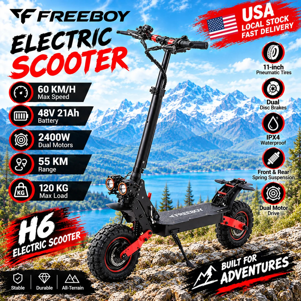 FREEBOY H6 Dual Motor Off-Road Electric Scooter - 2400W (1200W X2) Power, 60km/h Max Speed, 55km Long Range, 48V 21Ah Battery, 11-inch Pneumatic Tires, Front & Rear Dual Suspension & Disc Brakes