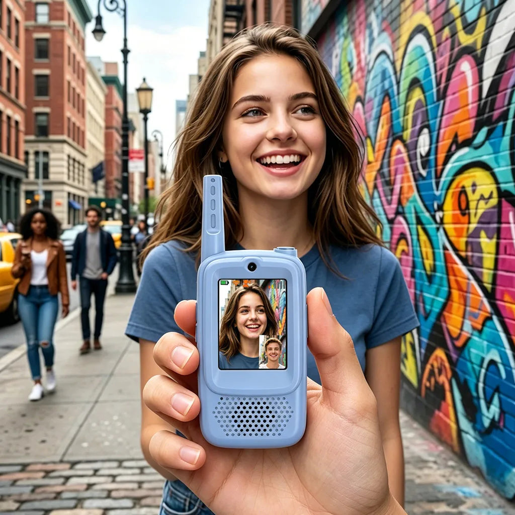 FUNNY PANDA Video Walkie Talkie with 4 Funny Voice Effects, No WiFi Needed, Long Range 600FT Outdoor, HD Camera, USB C Charging, 650mAh Battery, Auto Pair, Channel Lock - Perfect Gift for Explorers