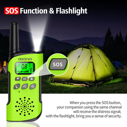 AWANFI Walkie Talkies 4 Packs Rechargeable  for kids, Long Range Flashlight 8 Channel, USB Type C for Camping, Hiking, Gifts