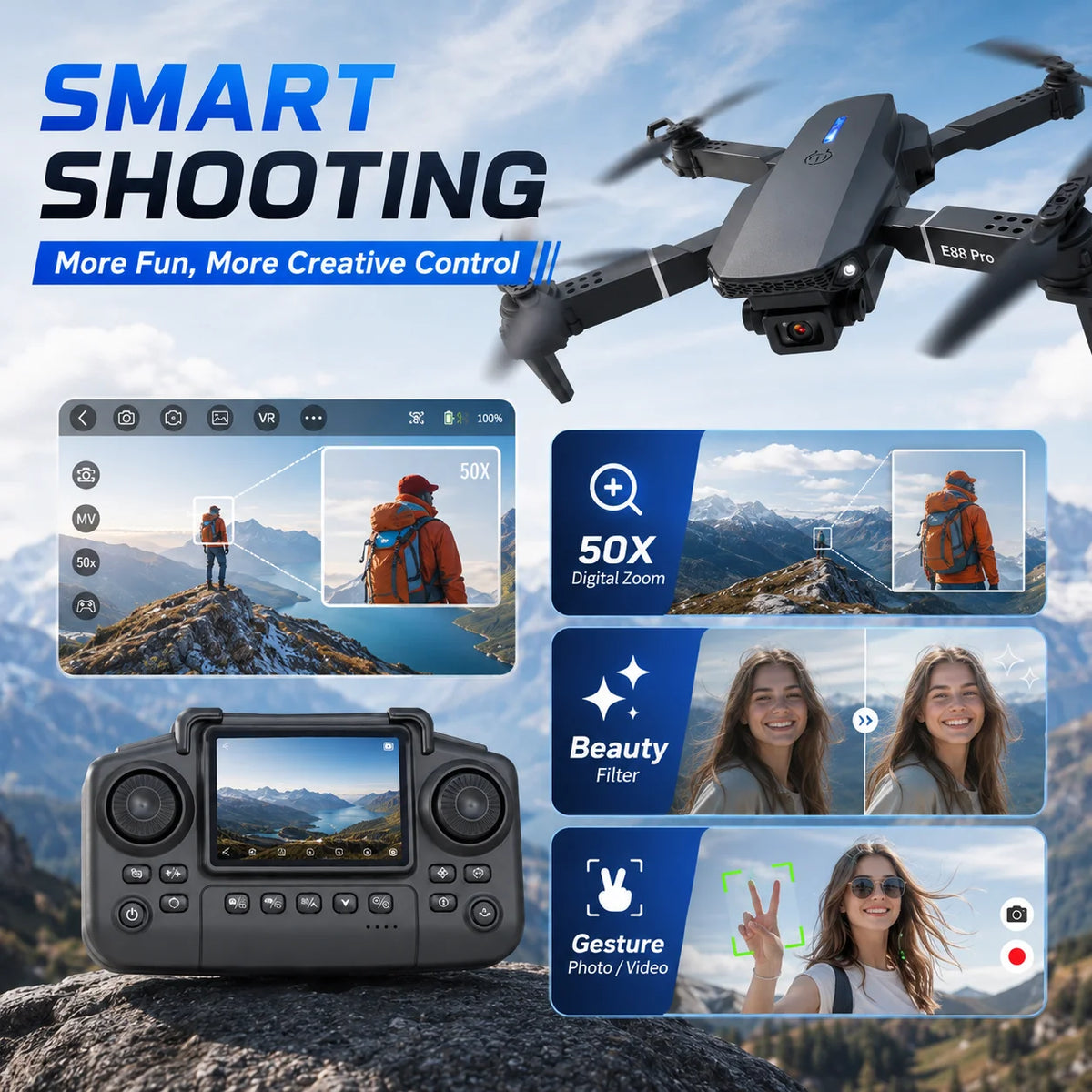 Screen Control Drone Optical Flow Positioning Brushless Motor Dual HD Camera 90° Adjustable 110° Wide Angle 50X Zoom FPV Quadcopter