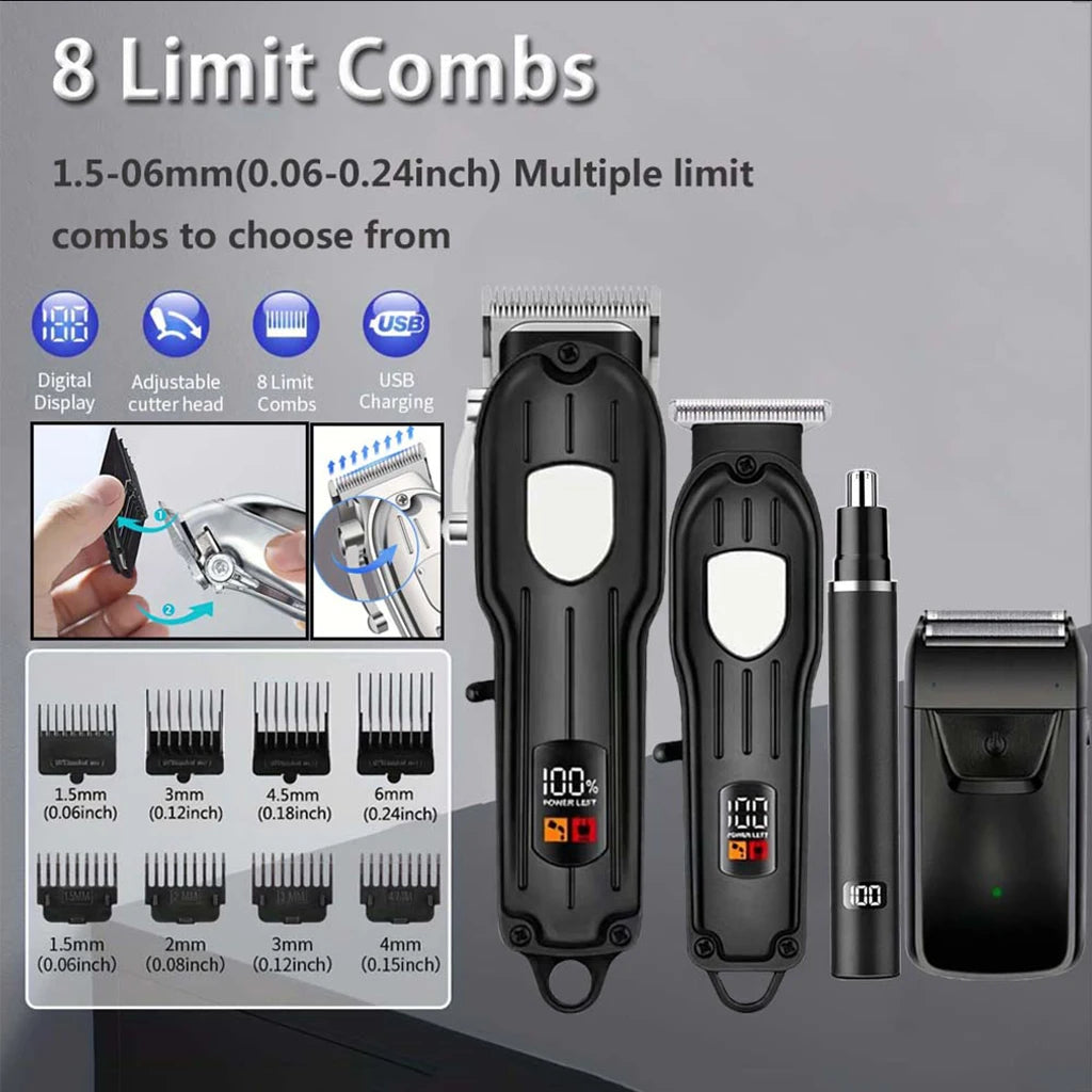 Professional Cordless Hair Clipper Set with LCD Display, Rechargeable Electric Trimmer for Men, Beard & Nose Hair Trimmer All-in-One Grooming Kit , Barber Tools with Combs & Scissors - Perfect Gift for Him