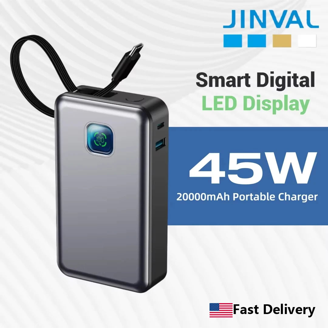 JINVAL 20000mAh PD45W Power Bank LED Display Fast Charging Portable Charger 3-port Output Built-in Cable For iPhone 17 Samsung