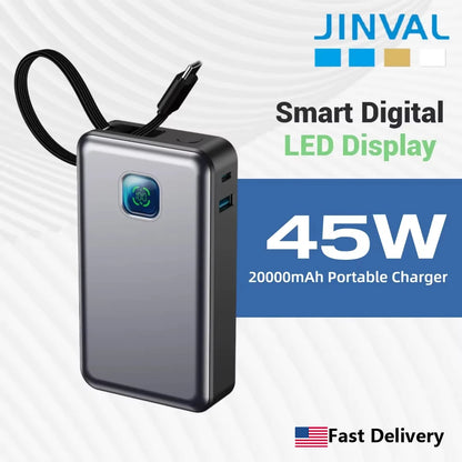 JINVAL 20000mAh PD45W Power Bank LED Display Fast Charging Portable Charger 3-port Output Built-in Cable For iPhone 17 Samsung