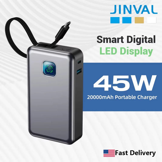 JINVAL 20000mAh PD45W Power Bank LED Display Fast Charging Portable Charger 3-port Output Built-in Cable For iPhone 17 Samsung