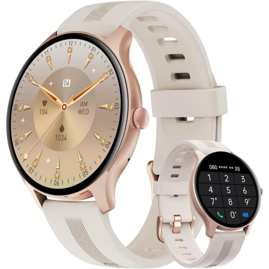 Round Fitness Tracker: Call/Answer, Multi-Device Compatible, Heart Rate & Sleep Monitor, Water-Resistant Gold Watch