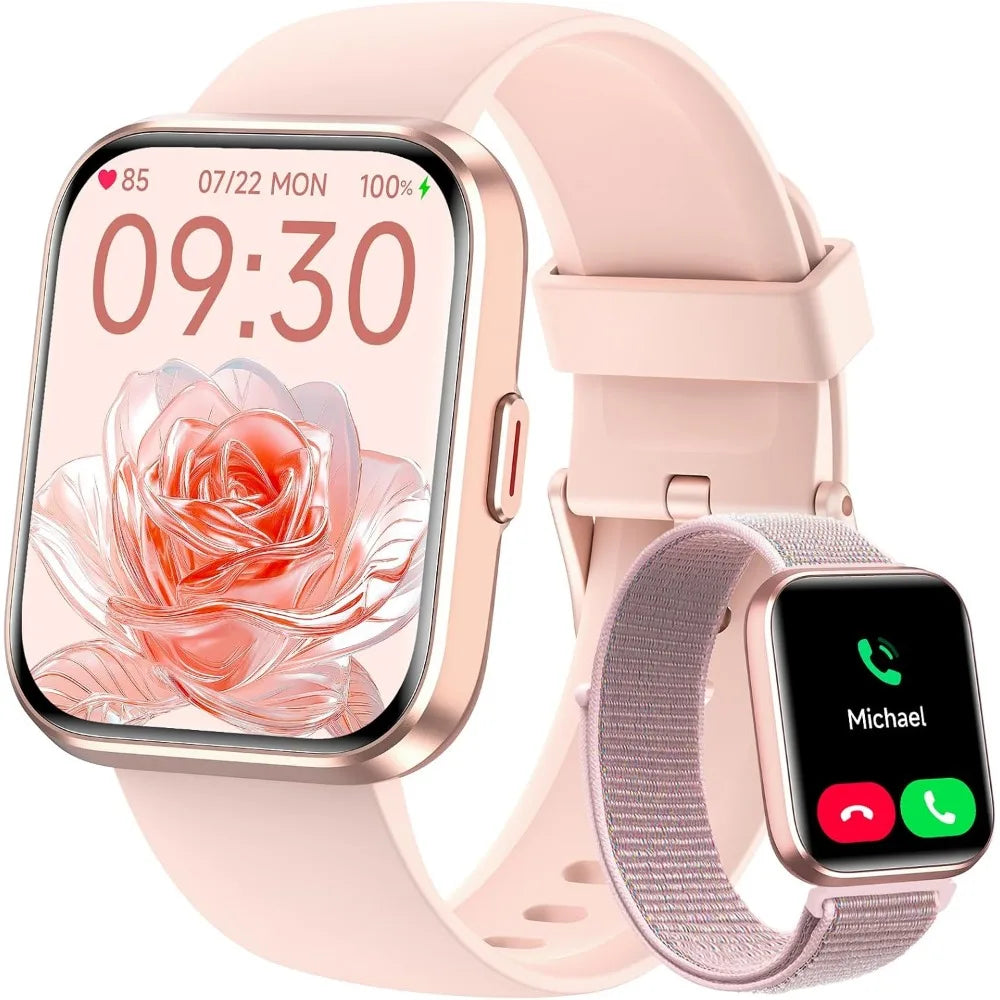1.8" Touch Screen Fitness Tracker, Women's Smartwatch with Call/Message, HR/Sleep Monitor, Waterproof, Sport Modes, 2 Bands