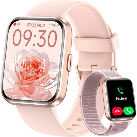 1.8" Touch Screen Fitness Tracker, Women's Smartwatch with Call/Message, HR/Sleep Monitor, Waterproof, Sport Modes, 2 Bands