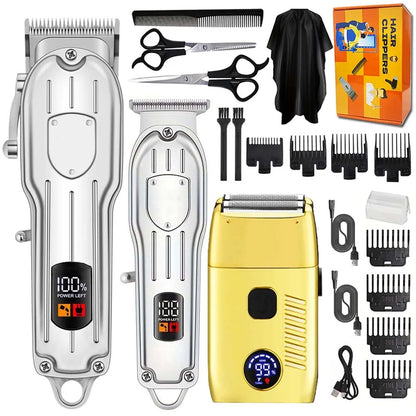 Professional Electric Hair Clipper Set with LED Display, USB Rechargeable Beard Trimmer & Foil Shaver for Men – Includes Guards, Scissors, Comb & Cape
