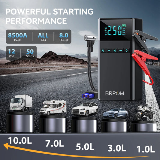 8500A/9000A Peak Current, 150 PSI Multi-Functional Portable Car Battery Starter, Compressor, and Air Injector/Portable Compressor with LED Display (ALL GAS, 8.0L Diesel)