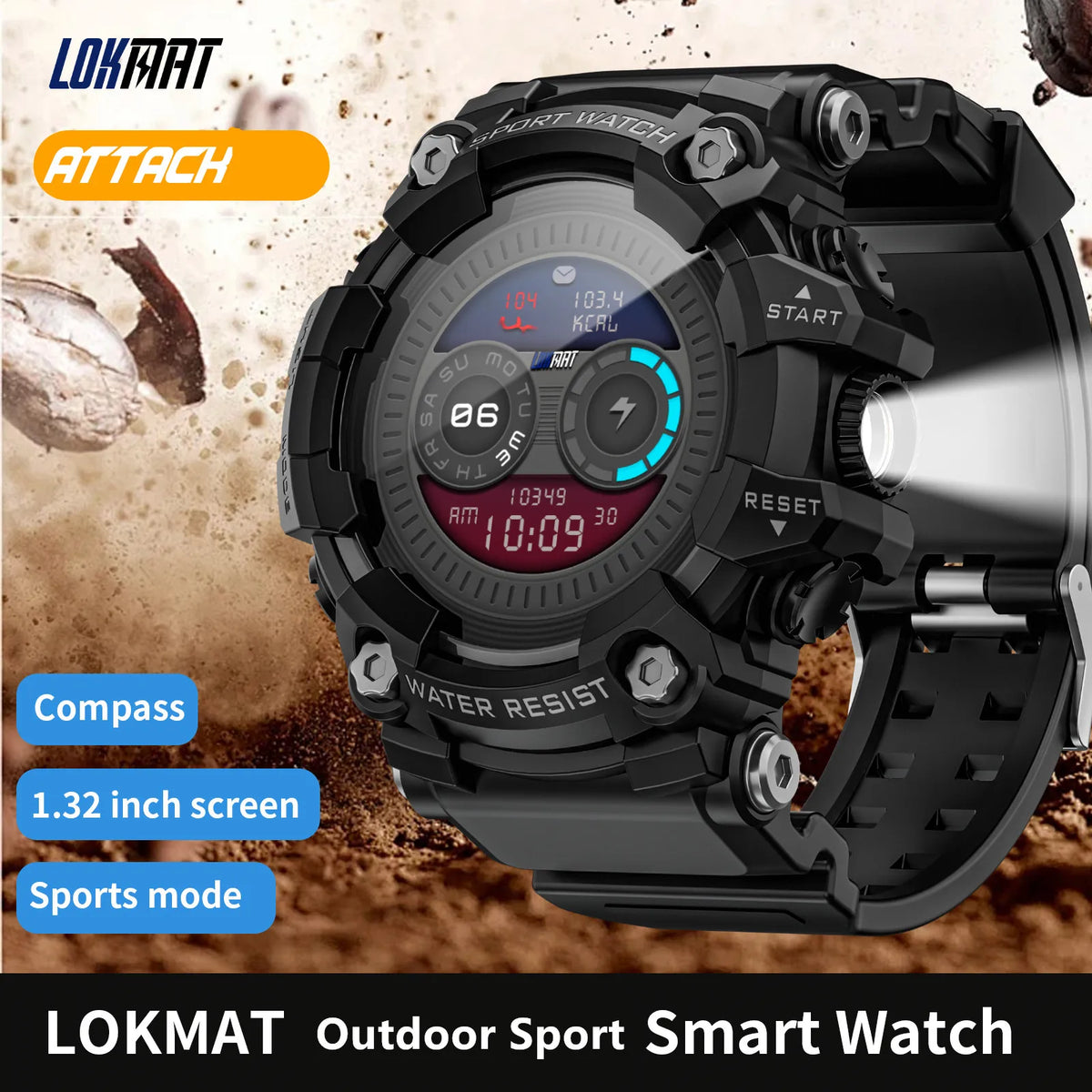 LOKMAT New ATTACK Outdoor Sport Smart Watch Wireless Calls Message Push Rugged Smartwatches Flashlight Fitness Tracker for Phone