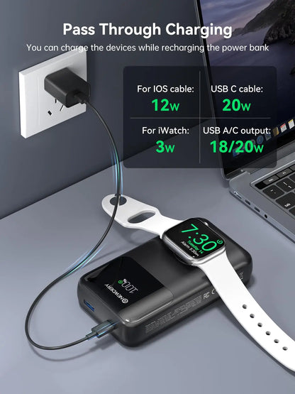NEWDERY Portable Charger 10000mAh Power Bank for Apple Watch 20W Fast Charging Built-in USB-C Cable Battery Pack for Apple Watch, iPhone 17 16 15 14 13, Samsung etc