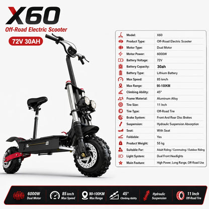 X60 72V 30AH 6000W Dual Motor Electric Scooter 85km/h 90-100km Range 11" Off-Road Tires Overseas Warehouse Shipping
