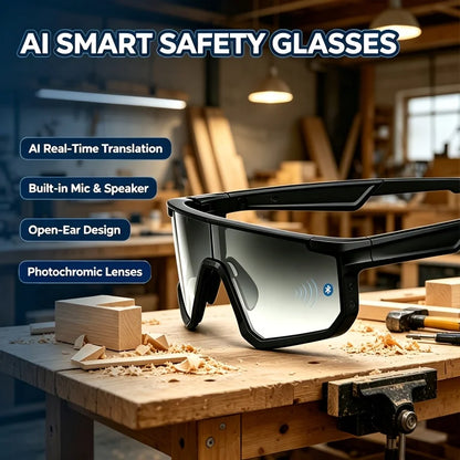 SMART PROTECTIVE GLASSES, AI REAL‑TIME TRANSLATION WORK GLASSES SUPPORT 160 LANGUAGES, PHOTOCHROMIC LENSES WITH BUILT‑IN MICROPHONE AND SPEAKER, MUSIC PLAYBACK FOR OUTDOOR SPORTS AND INDOOR WORK DAILY USE