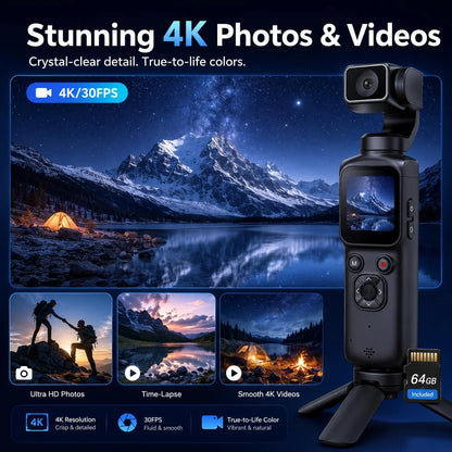 4K Pocket Vlogging Camera, With 64GB Memory Card, 75MP Digital Camera With Single-Axis Horizontal 330°, 1.72" Touch Screen, Fast Auto Focusing, Face Auto-Detect, 4X Zoom for Daily Recording