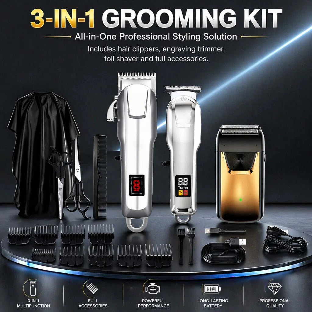 Professional 3-in-1 Hair Clipper Trimmer Set for Men - Electric Shaver Rechargeable Grooming Kit with LED Display Beard Trimming Machine